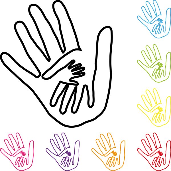 large and small hands of many colors