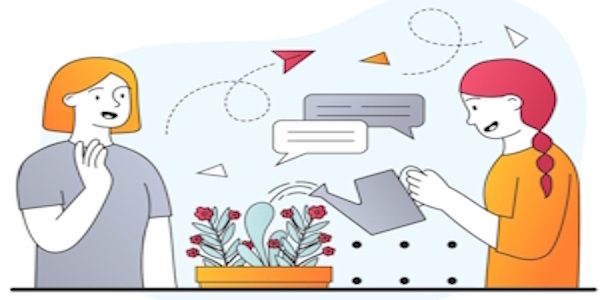 Cartoon of 2 women communicating using symbols