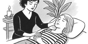 B/W pencil sketch woman giving reiki to another lying on massage table