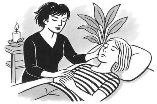 B/W pencil sketch woman giving reiki to another lying on massage table