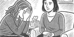 Woman counselor comforting client who is crying pencil sketch