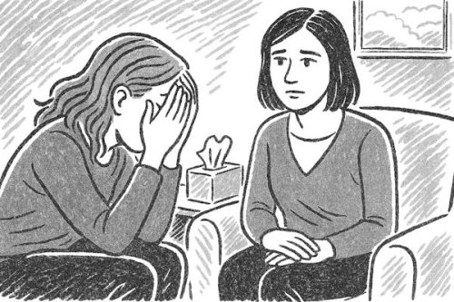 Woman counselor comforting client who is crying pencil sketch
