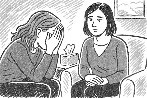 Woman counselor comforting client who is crying pencil sketch