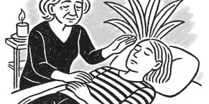 older woman giving reiki to younger woman pencil sketch