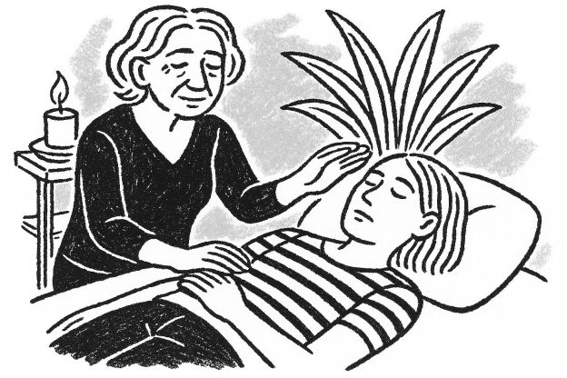 older woman giving reiki to younger woman pencil sketch