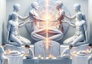 A single, wordless graphic in the style of Michelangelo's sculptures, combining multiple scenes 1)