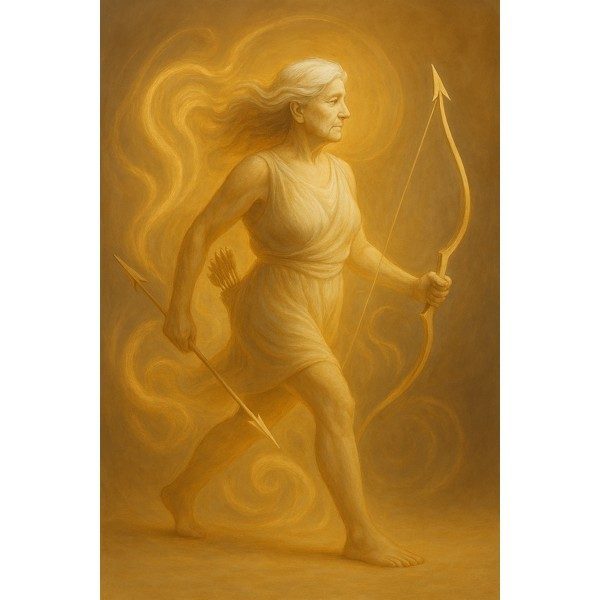 The goddess Artemis as older woman striding with her bow