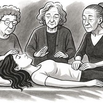 L3 Reiki services c 3 women performing Reiki on a fourth on massage table