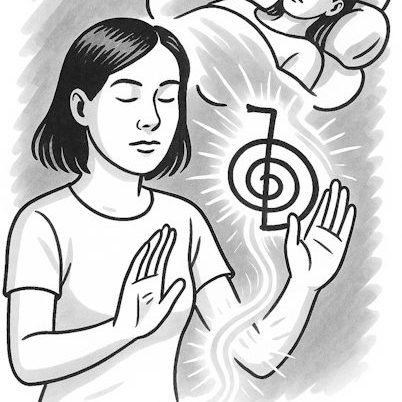 L3 Reiki services d woman providing Distance Reiki pencil sketch