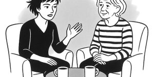 pencil sketch of 2 women talking