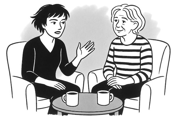 pencil sketch of 2 women talking